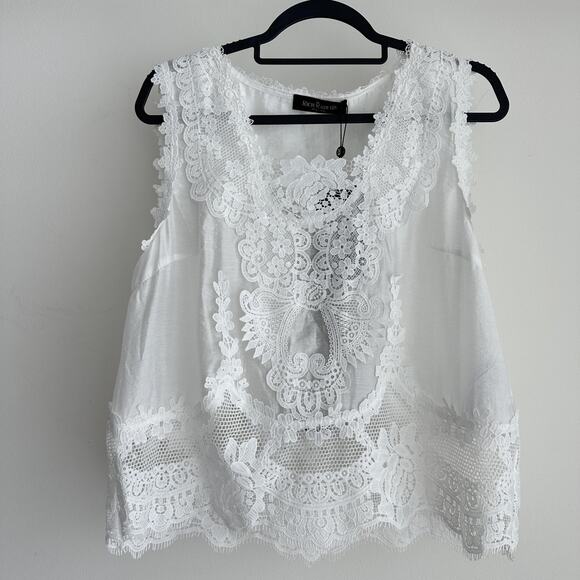 Rich Radi Q's Top Womens Large White Lace Embroidered Tank Vest Boho Elegant - Picture 1 of 16